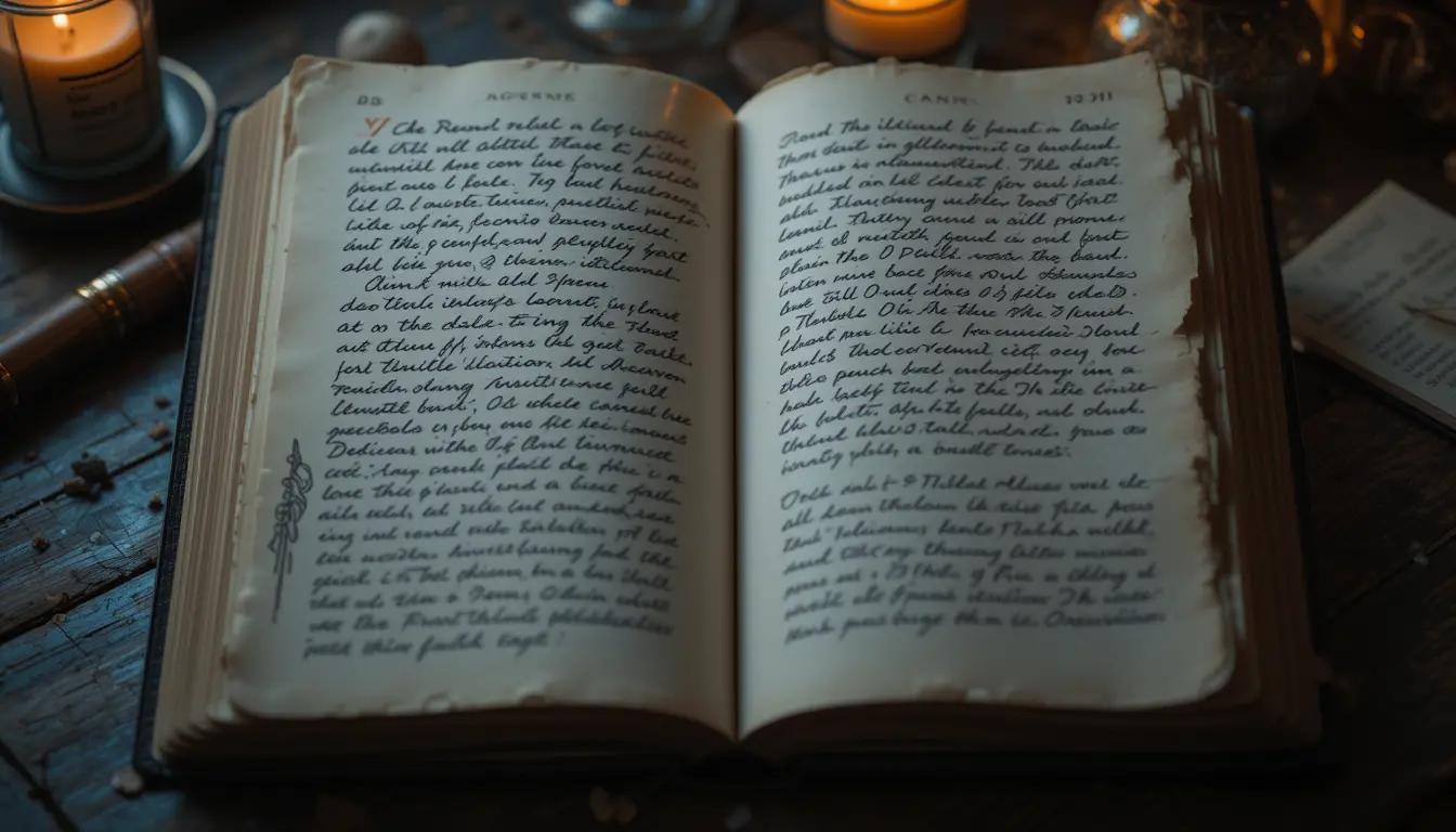 An open diary with handwritten entries, soft candlelight illuminating the pages