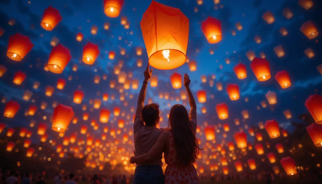 "A couple releasing lanterns into the sky, vibrant colors, and a magical ambiance"
